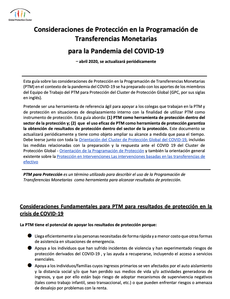 thumbnail Protection Considerations in Cash Transfer Programming for the COVID-19 Pandemic – April 2020